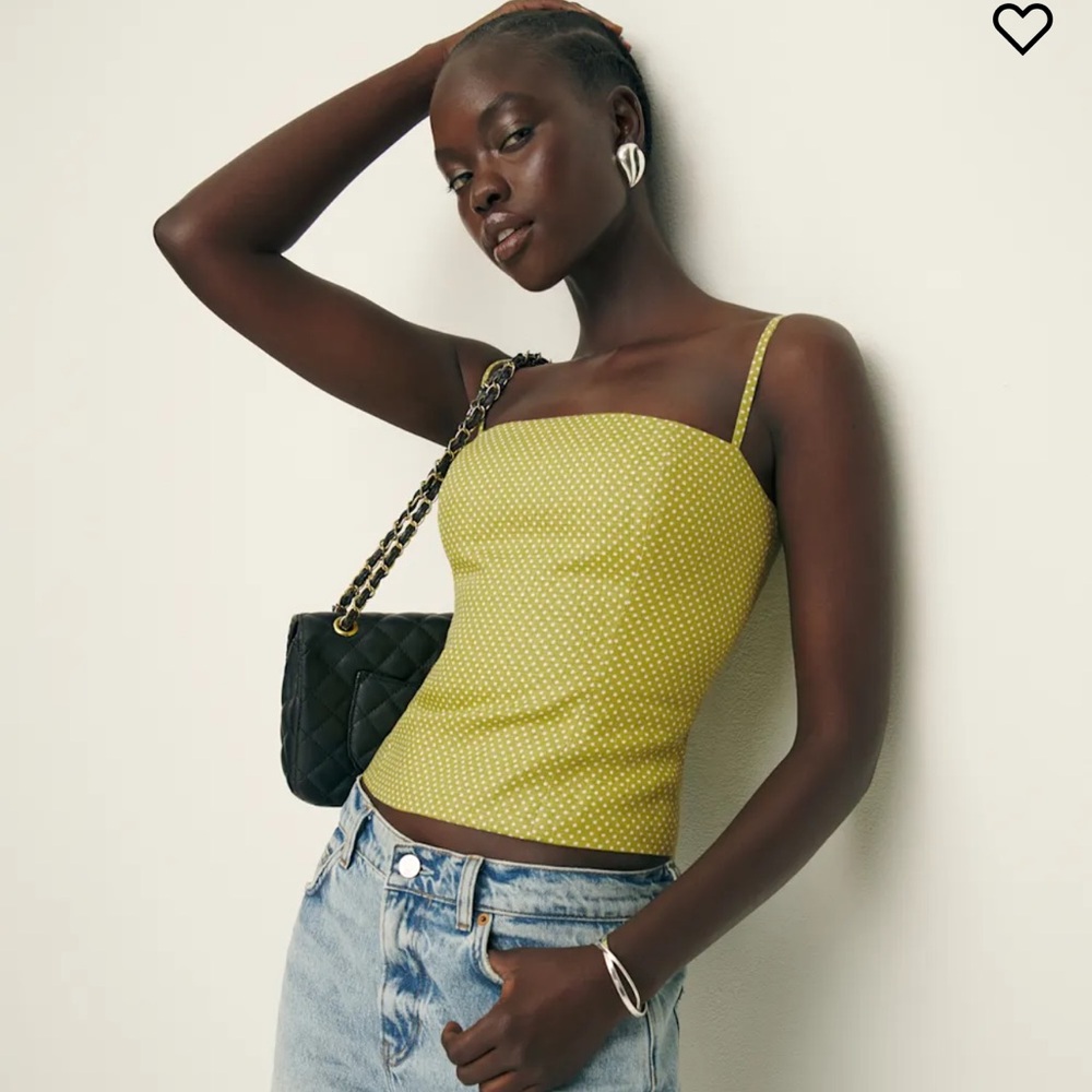 Reformation Overland Linen Top Chartreuse Dot - Size 2